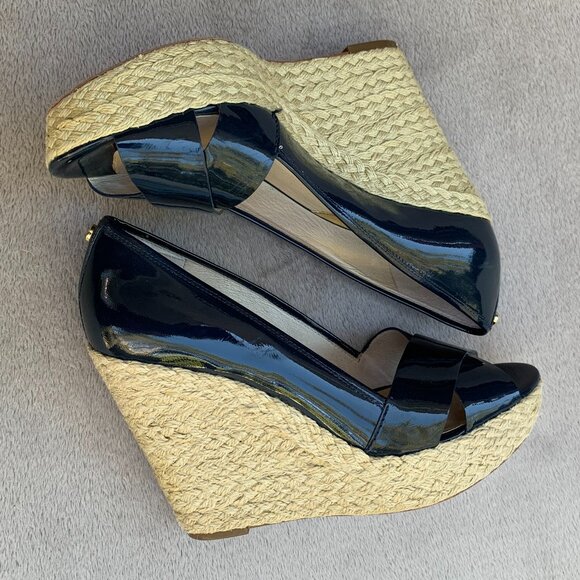 MICHAEL Michael Kors Navy Blue Leather Patent Espadrille Wedges Sz8 - Picture 12 of 16